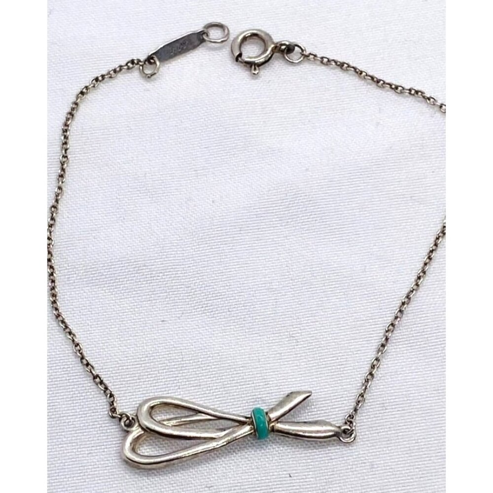 Tiffany & Co Blue Enamel Ribbon Bow Chain Bracelet Sterling Silver 925 READ